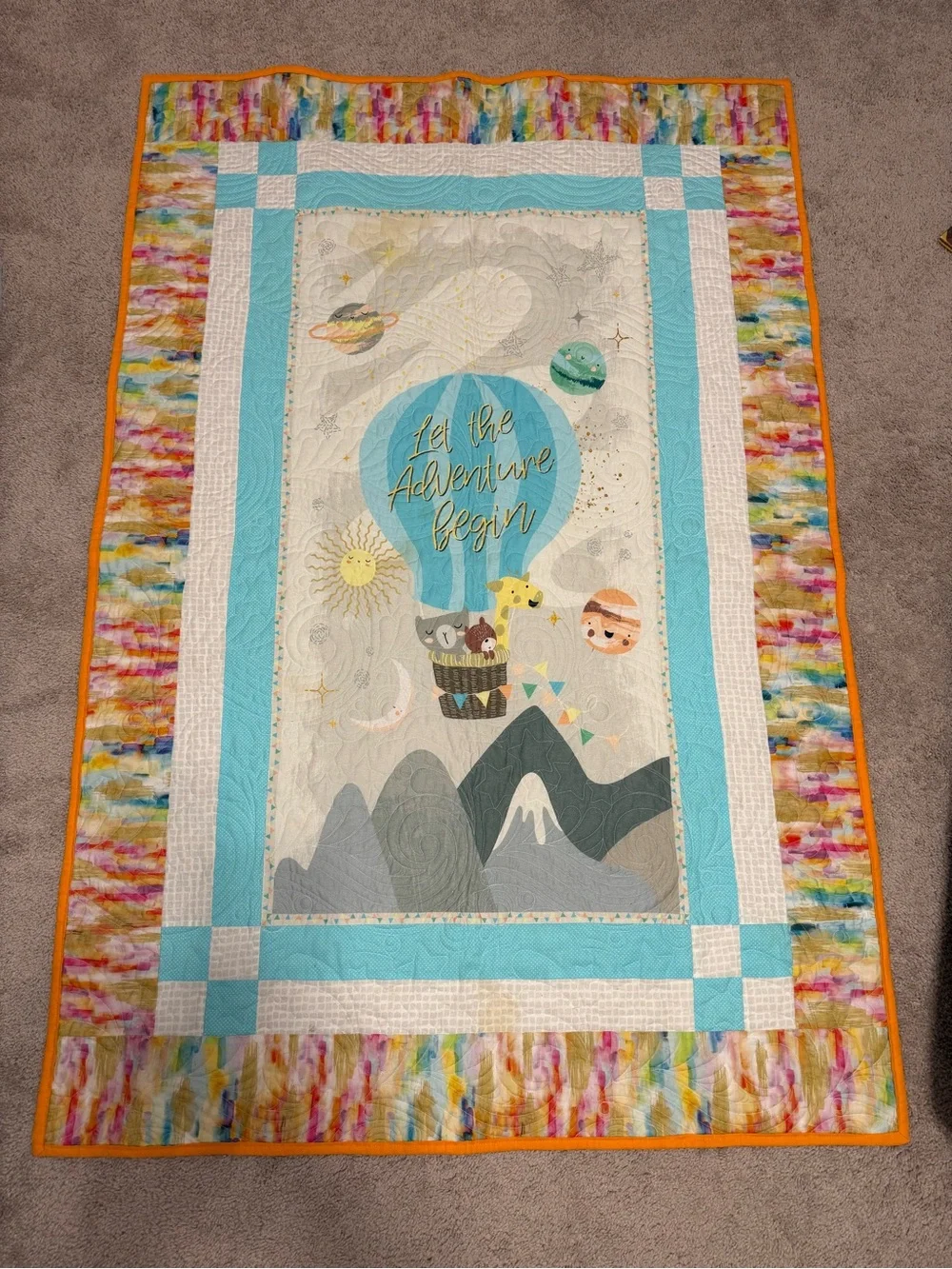 Let the Adventure Begin Blue Hot Air Balloon Baby Quilt